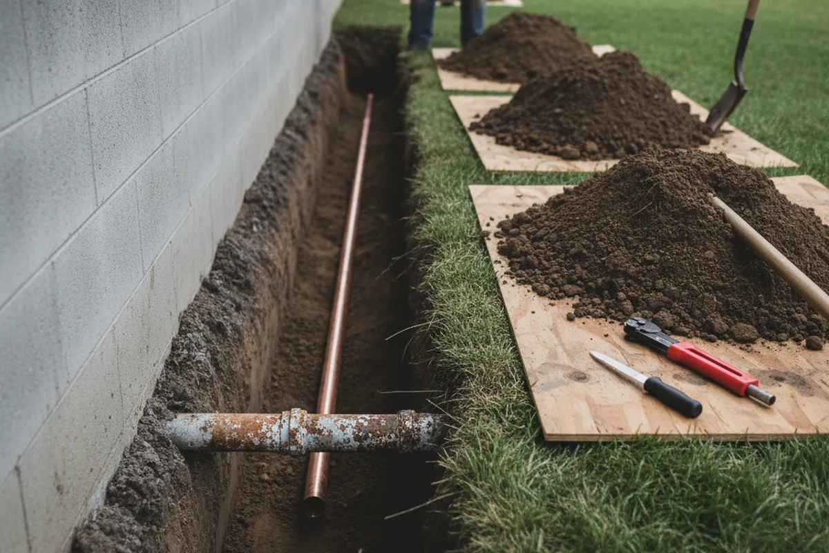 Excavated water line trench during Sewer Line Repair in Metamora